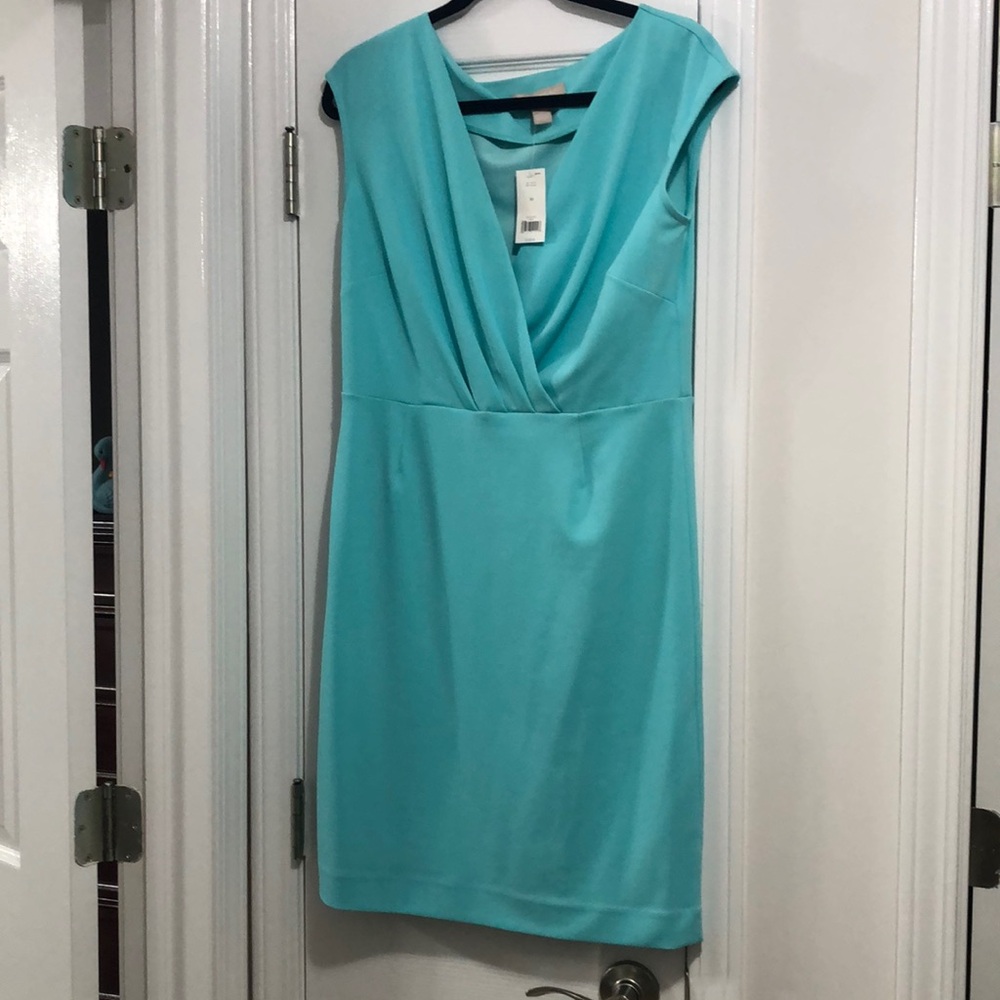 Blue V-Neck Cap Sleeve Sheath Midi Dress